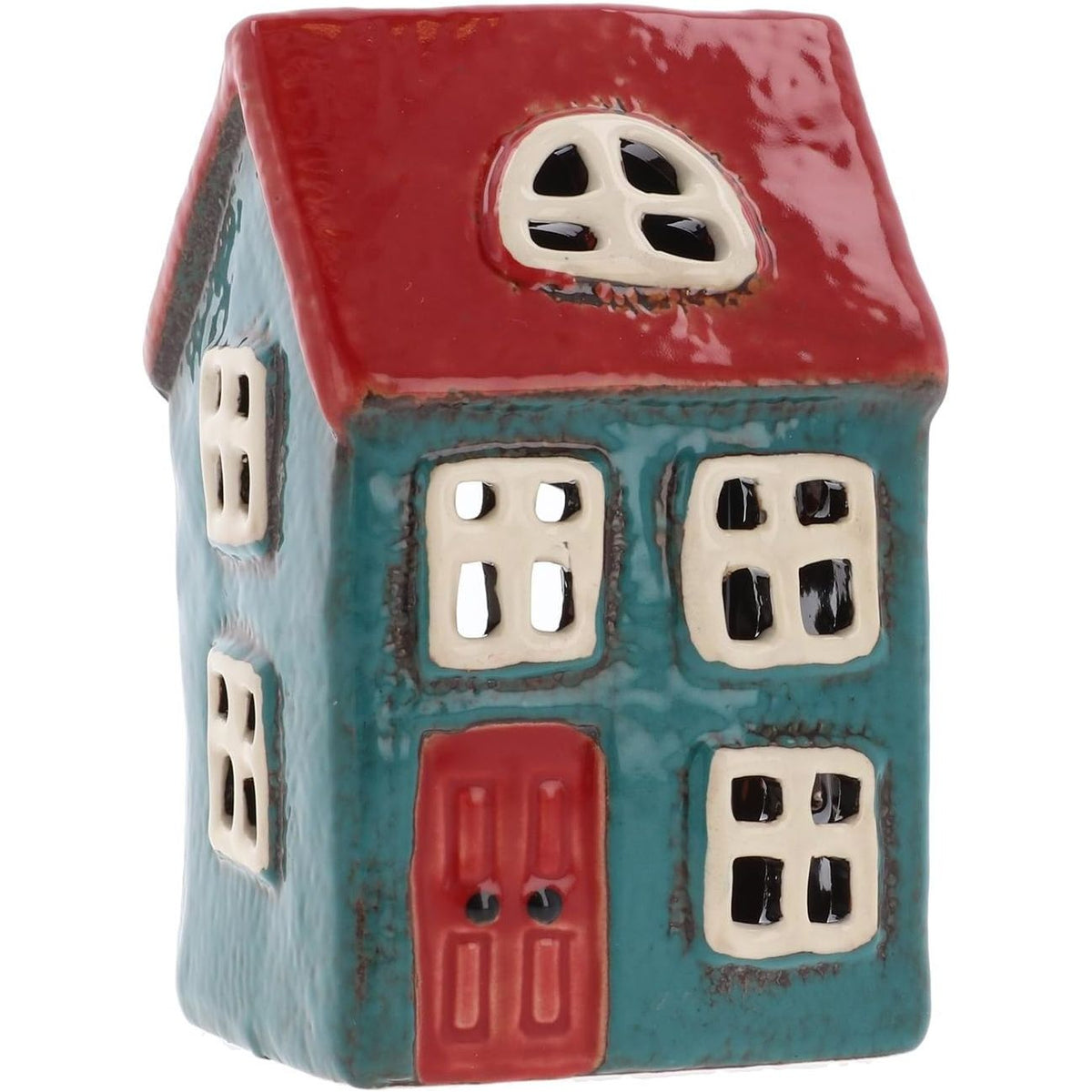 Village Pottery Blue &amp; Red Candle Tealight House