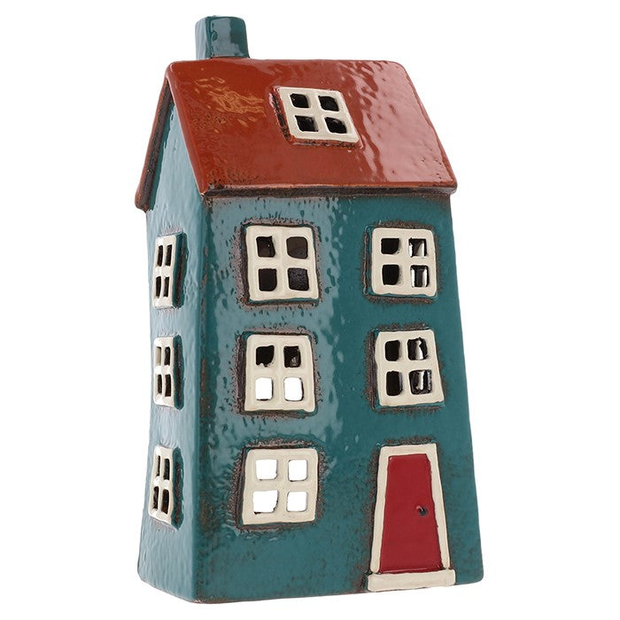 Village Pottery Bright Pale Blue &amp; Red Candle Tealight House