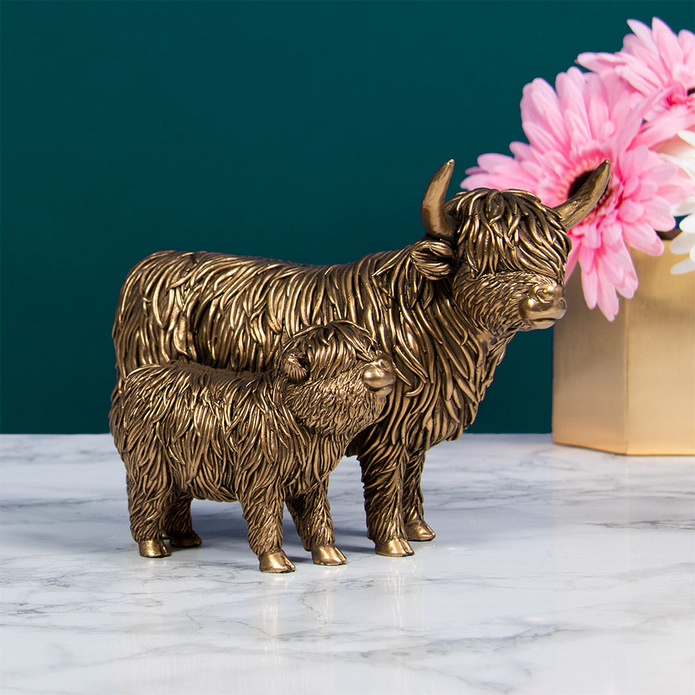 Bronze Highland Cow &amp; Calf Figurine Ornament