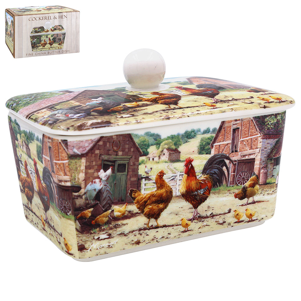 Cockerel and Hen Fine China Butter Dish