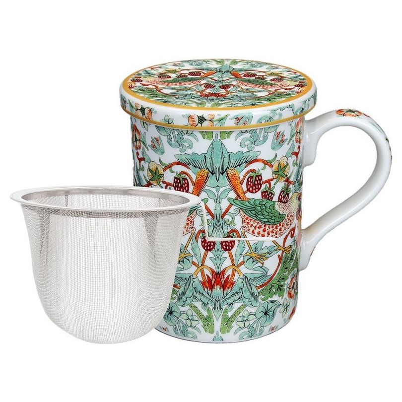 William Morris White Strawberry Thief Mug, Infuser &amp; Coaster Set