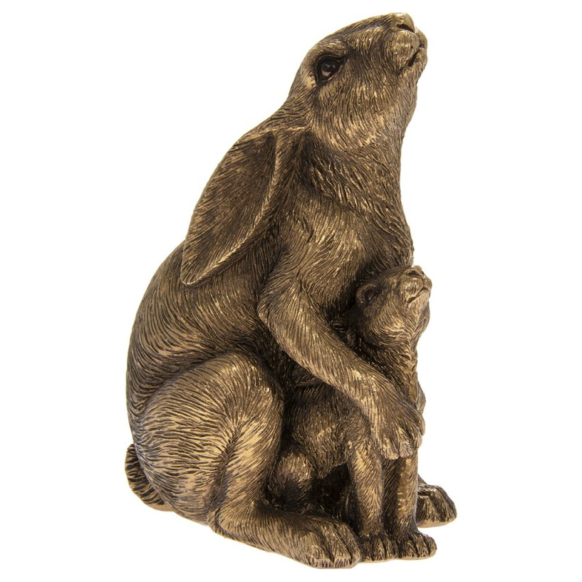 Bronze Sitting Hare and Baby Ornament Figurine