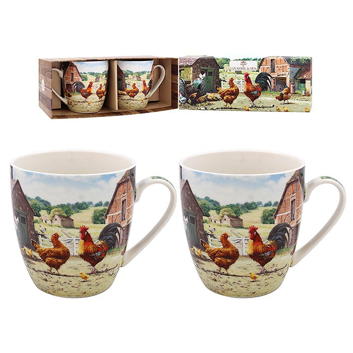 Cockerel &amp; Hen Farmyard Mugs - Set of 2