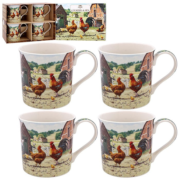 Cockerel &amp; Hen Farmyard Mugs - Set of 4