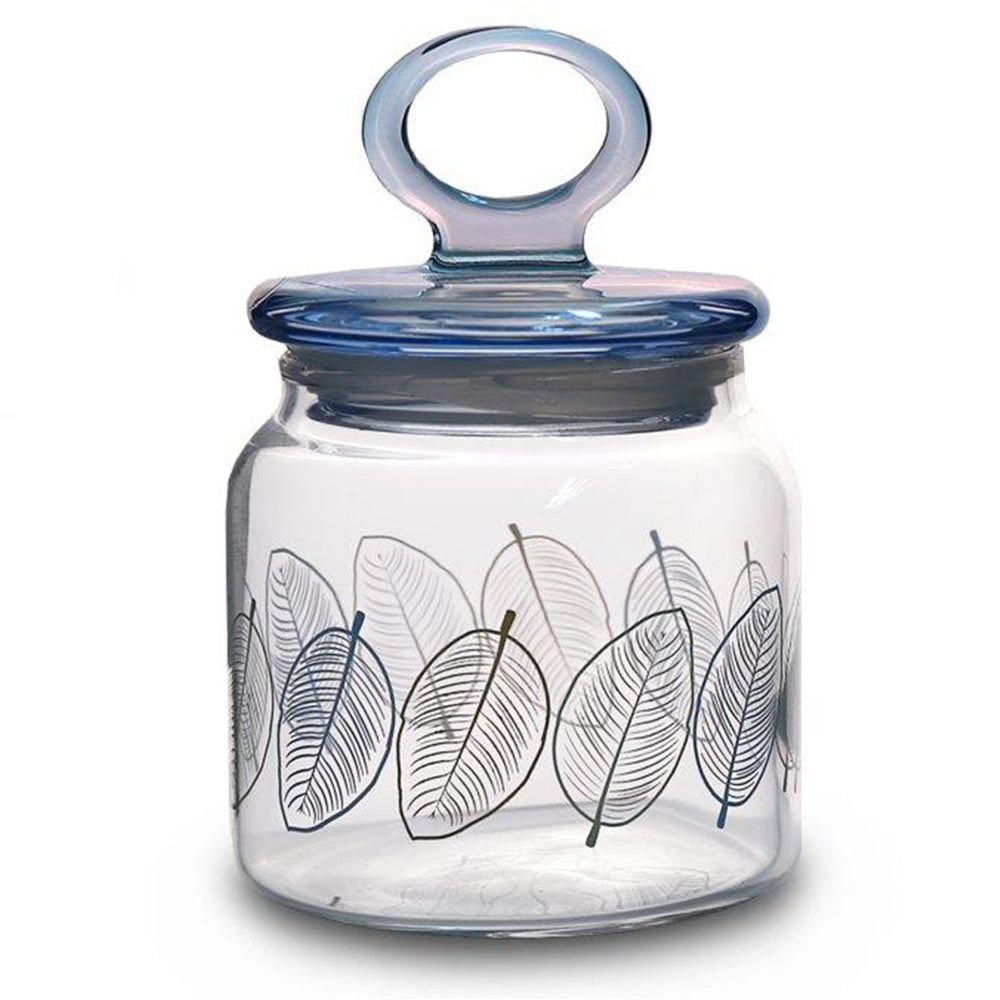 Glass Jar With Leaves Print And Lid - 575ml