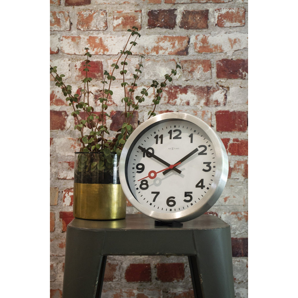 NeXtime - Wall clock/ Table clock - Ø 19 cm – Aluminum - Brushed - &#39;Station Numbers&#39;