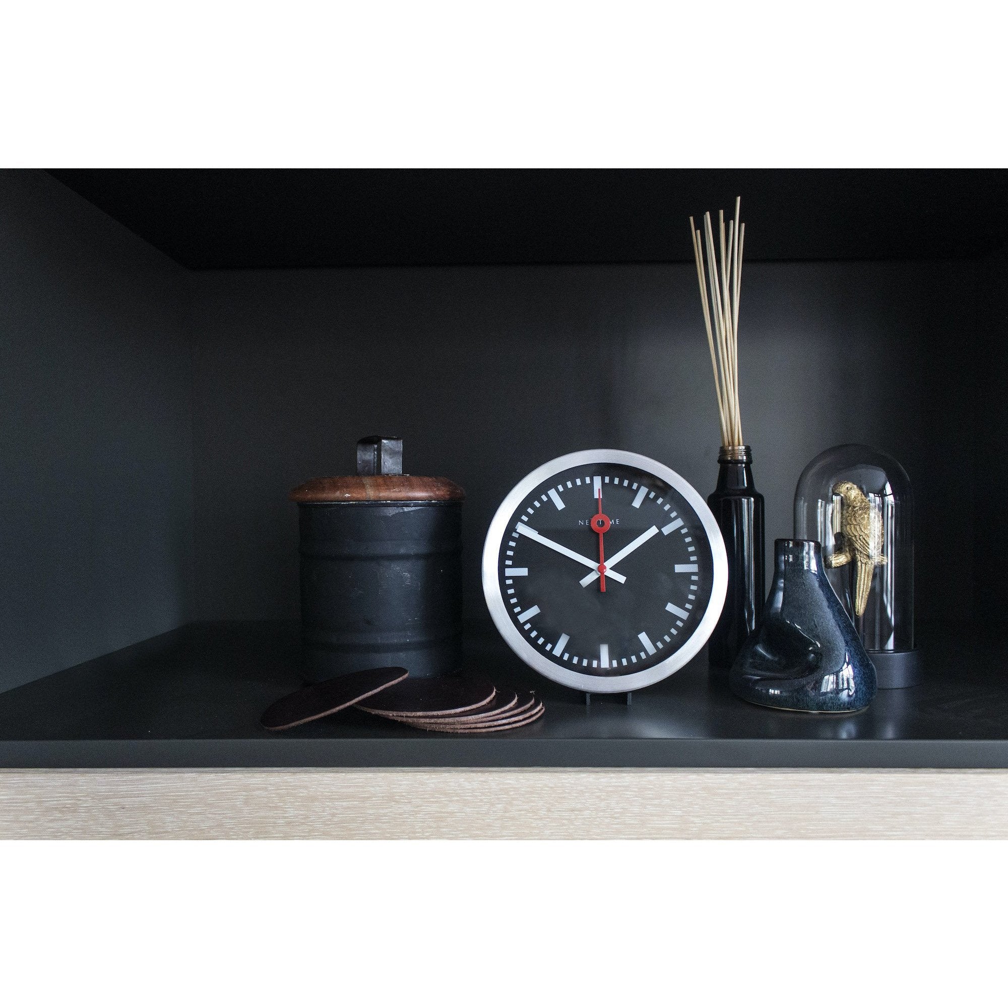 NeXtime - Wall clock/Table clock- Ø 19 cm – Aluminum – Black – 'Station Stripe'