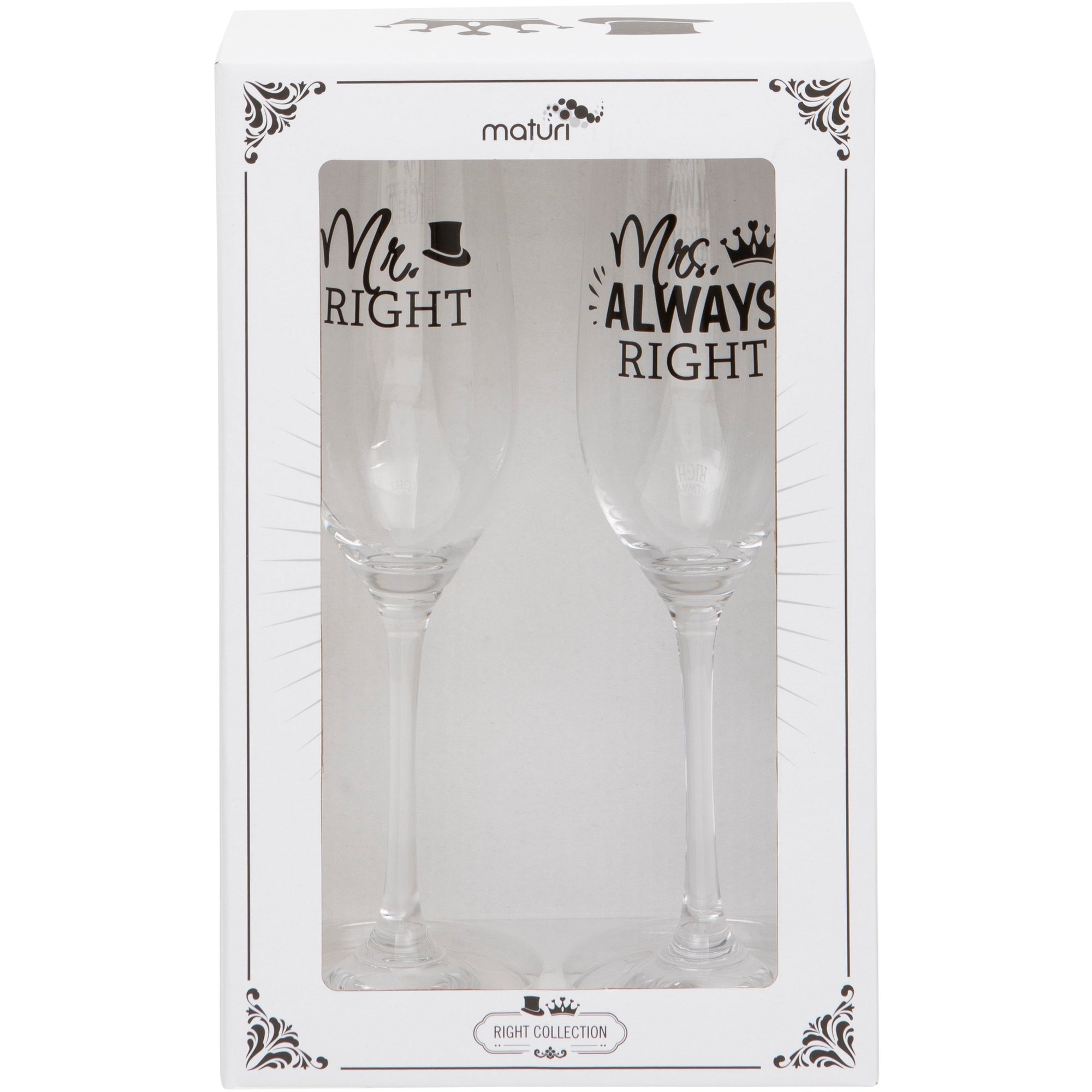 Set of Two Mr Right and Mrs Always Right Champagne Flutes