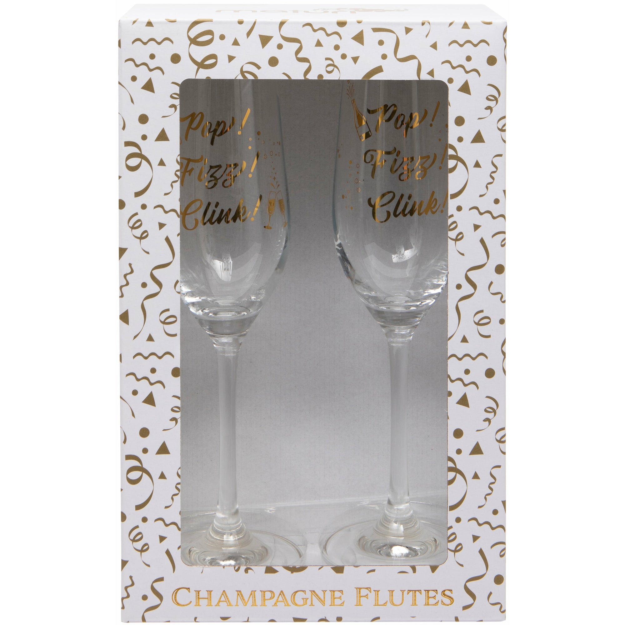 Set of Two 'Pop, Fizz, Clink' Champagne Flutes