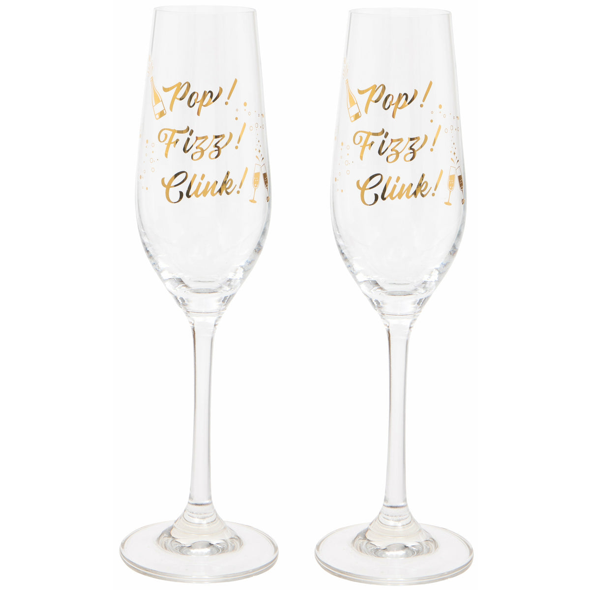 Set of Two &#39;Pop, Fizz, Clink&#39; Champagne Flutes