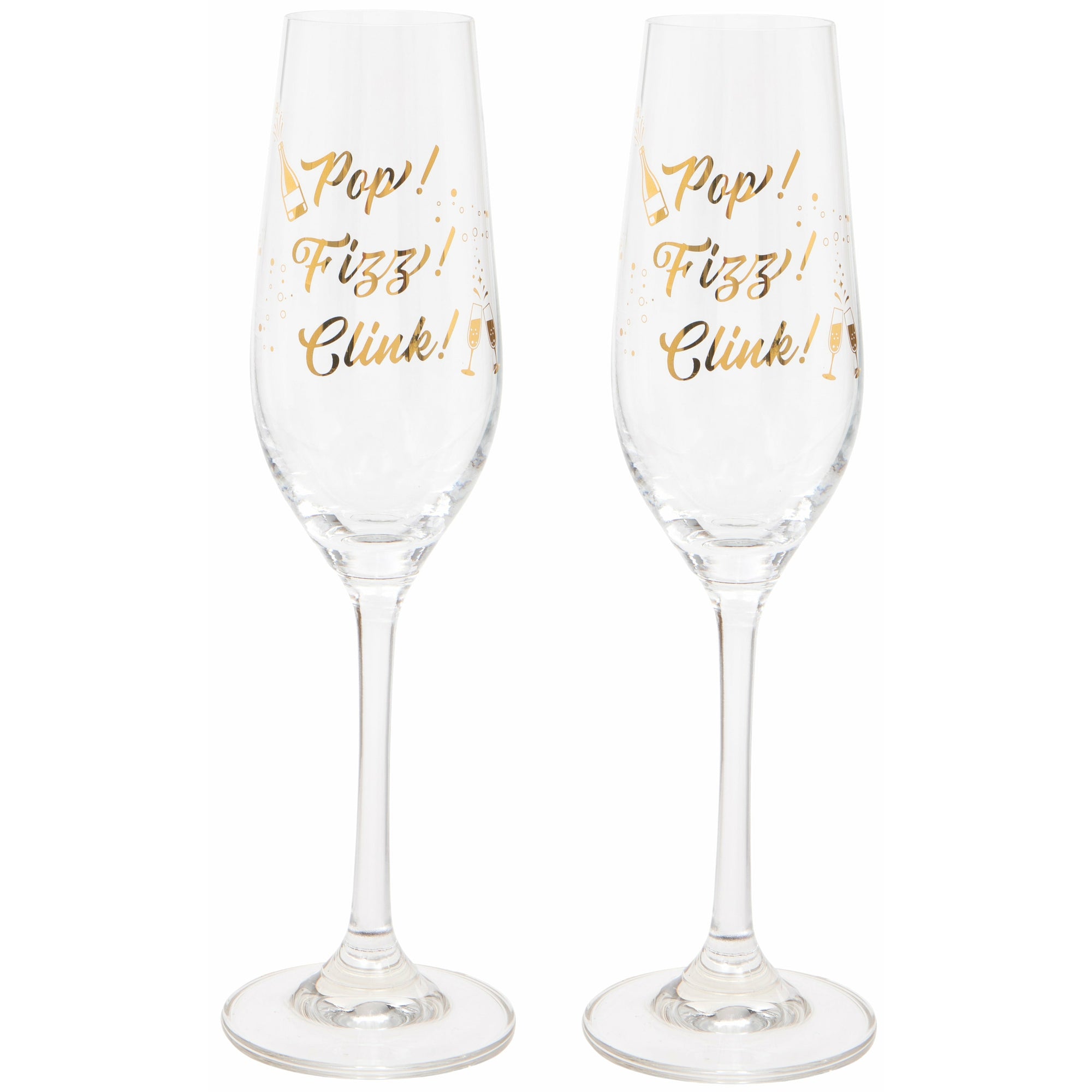 Set of Two 'Pop, Fizz, Clink' Champagne Flutes