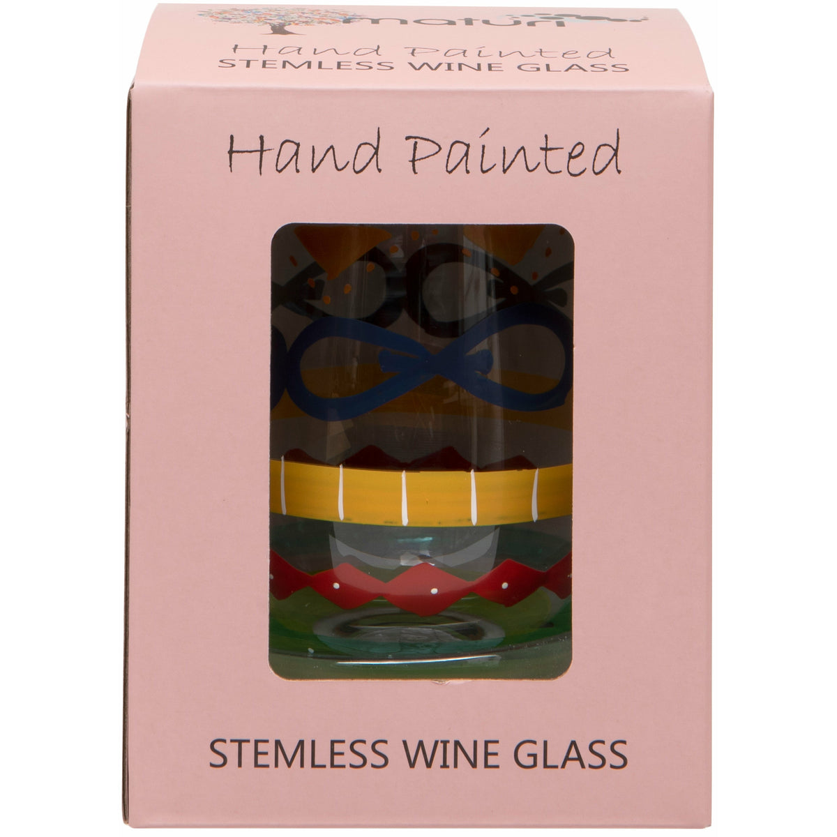 Hand Painted Multi Print Stemless Wine Glass in Box