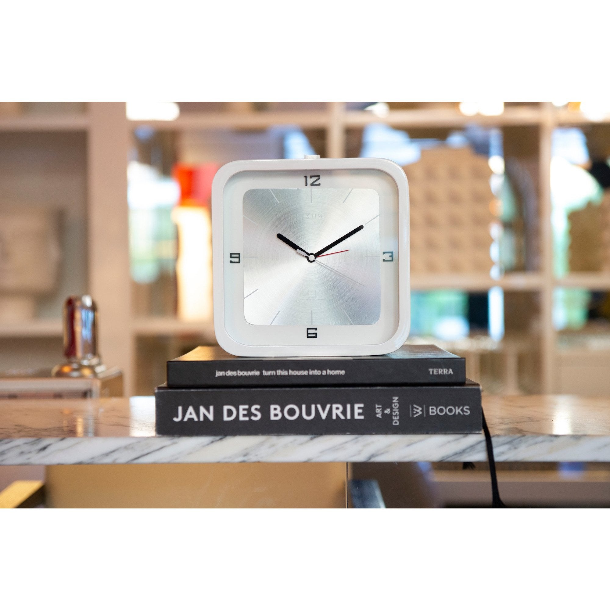 NeXtime - Table clock - 20 x 20 x 6 cm - Wood - White - 'Square Alarm'