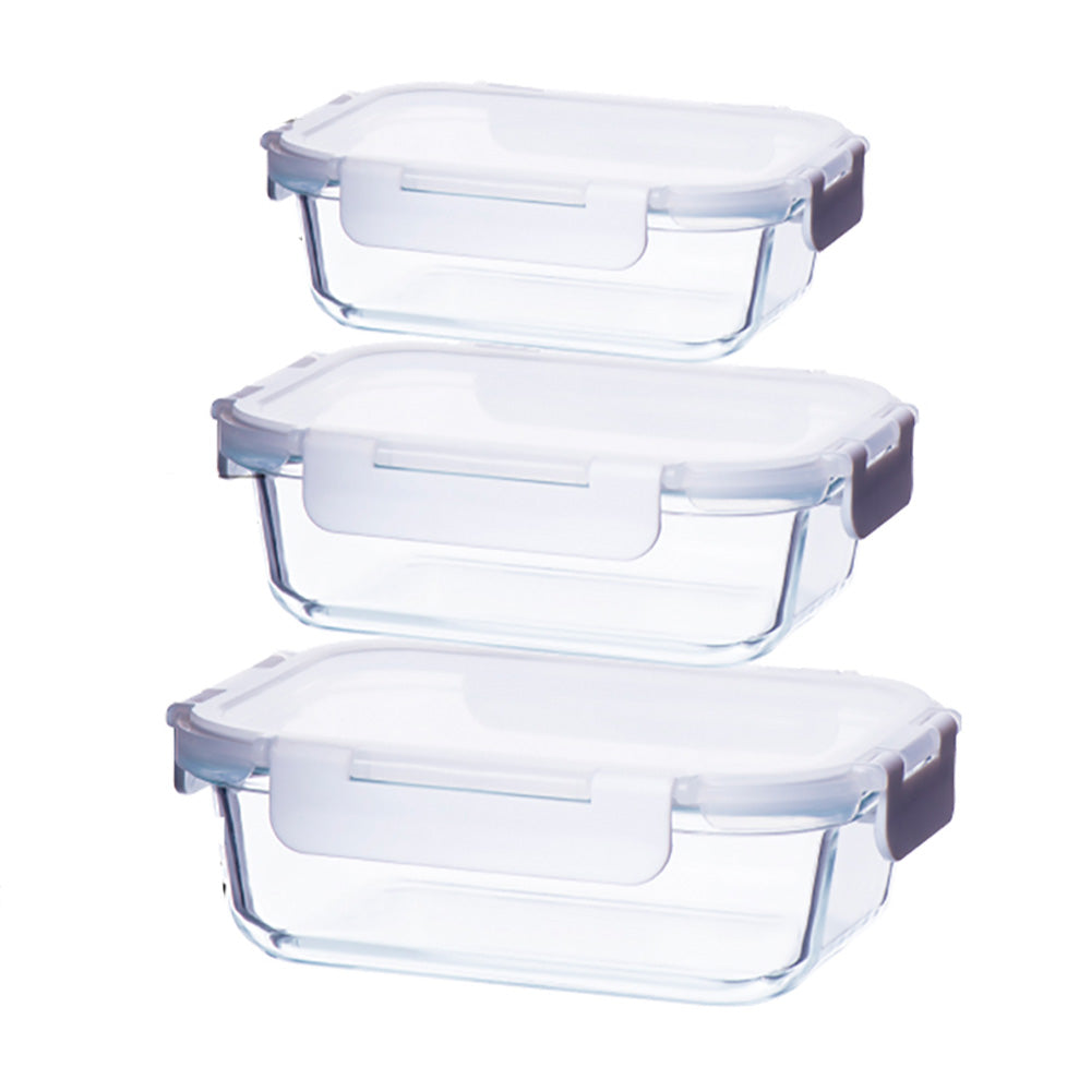 Tempered Glass Rectangular Food Storage with Lockable Lids - Set of 3