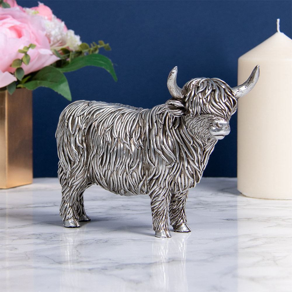 Silver Highland Cow Figurine Ornament